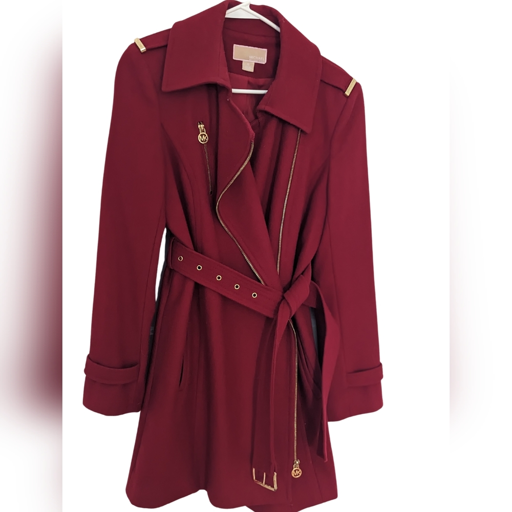 Michael Kors Wool Blend Belted Coat Red with Gold Zipper